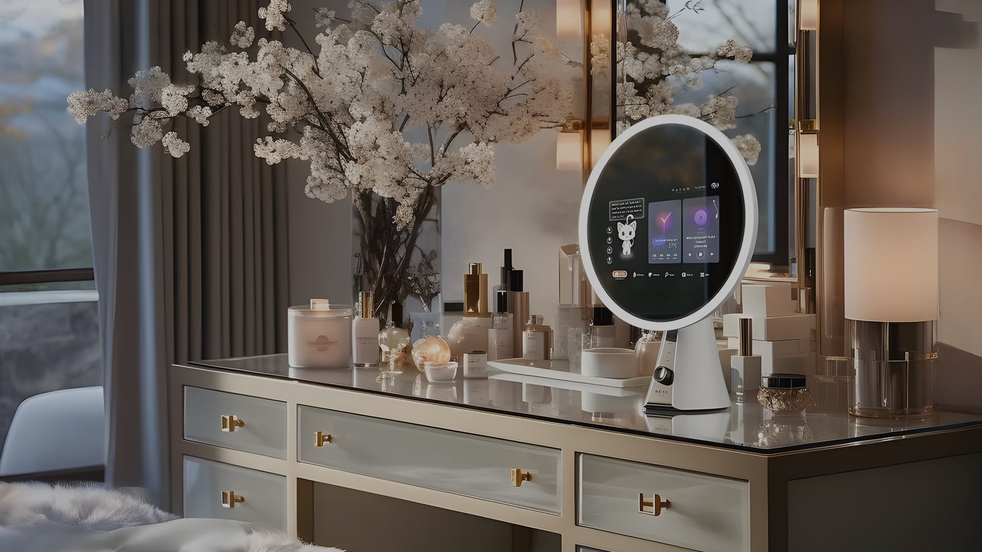 Smart makeup mirror with advanced technology for modern living, integrating smart home, security, and community features.